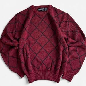 Vintage Peter England Red Black Argyle Knit Crewneck Pullover Sweater L